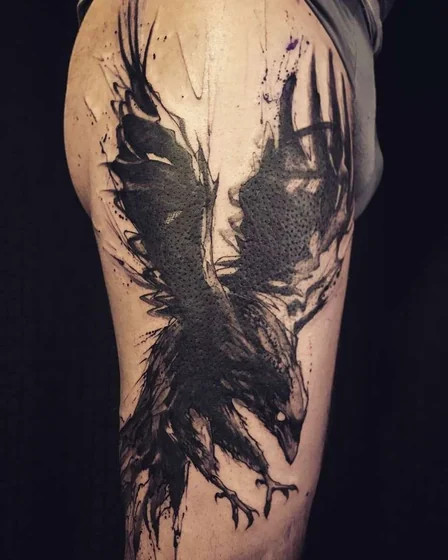 Blackwork Sketch Raven tattoo design for men on thigh