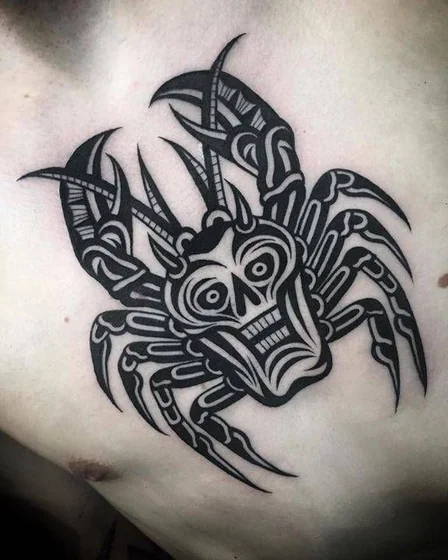 Blackwork Tribal Skull Crab tattoo idea for men on chest