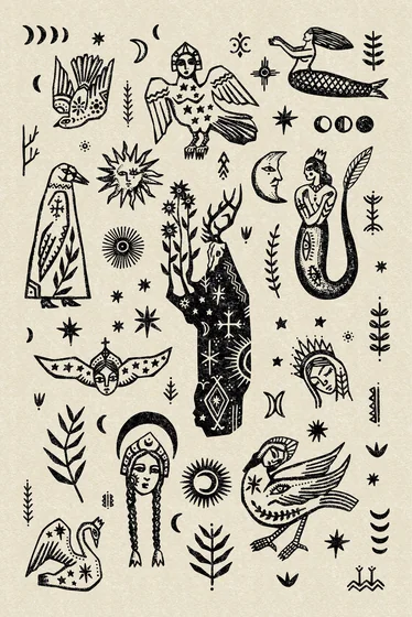 Blackwork Woodcut mystical folk art tattoo design with moon, floral, mermaid for women