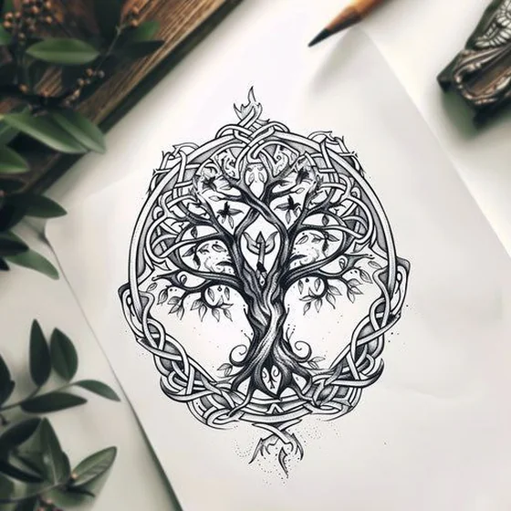 Blackwork and Linework Tree of Life with Celtic Knot tattoo design