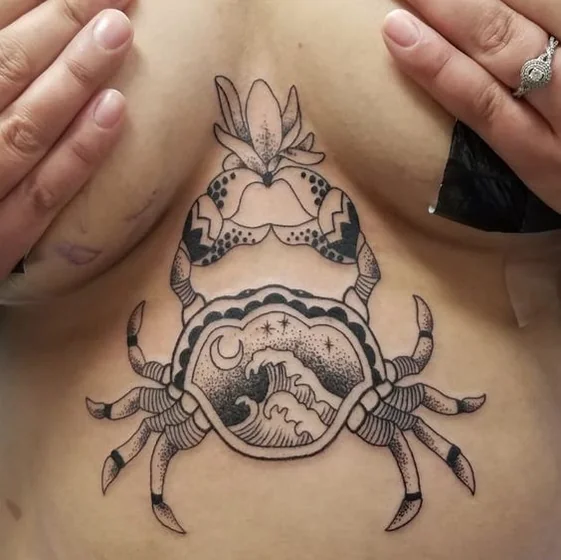 Blackwork dotwork crab, moon, star, flower tattoo idea for ladies on chest