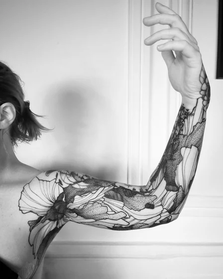 Blackwork dotwork floral full sleeve tattoo design for women on shoulder