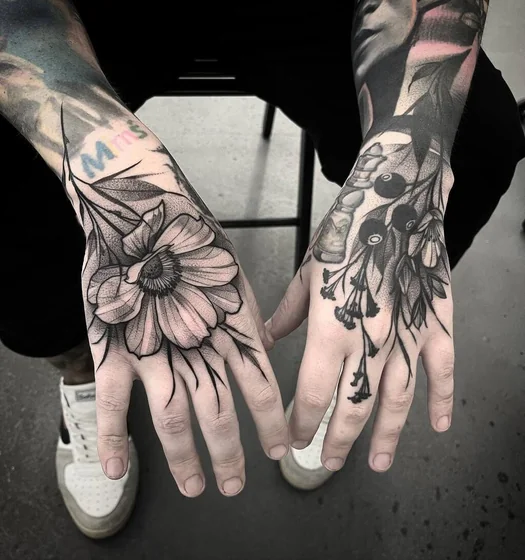 Blackwork dotwork flower, floral, vial tattoo design for men on hands