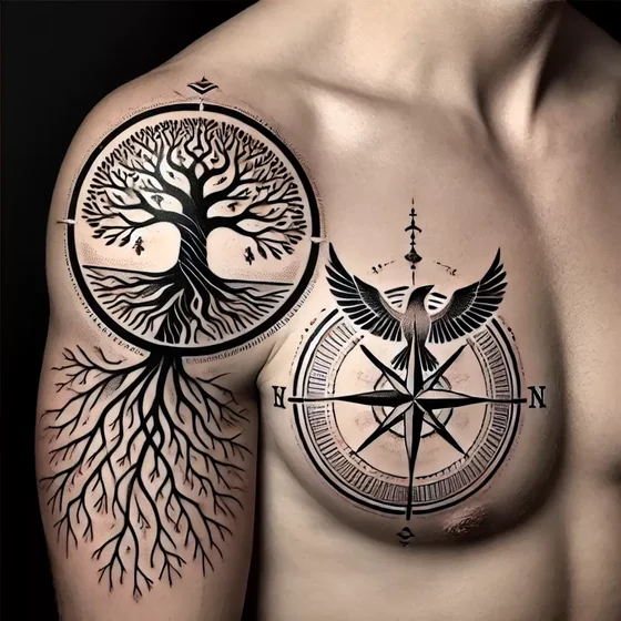 Blackwork dotwork tree, eagle, compass tattoo design for men