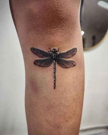 Blackwork dragonfly tattoo design for men and women on thigh tattoo ideas