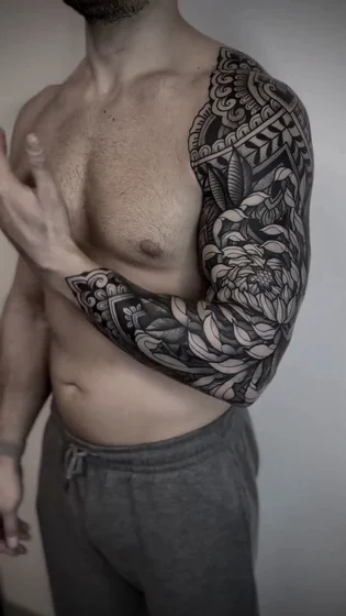 Blackwork fine line floral full sleeve tattoo design for men