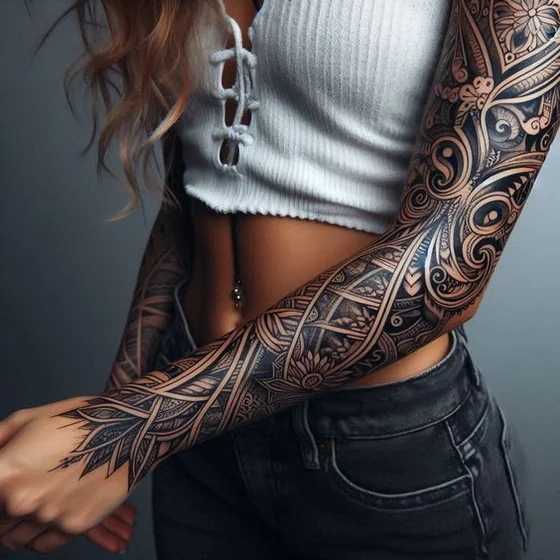 Blackwork fine line floral full sleeve tattoo design for women on arm