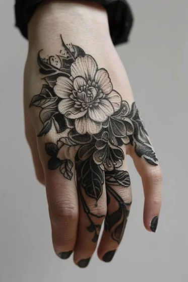 Blackwork fine line floral tattoo design for women on hand