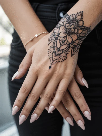 Blackwork fine line floral tattoo design for women on hand and wrist