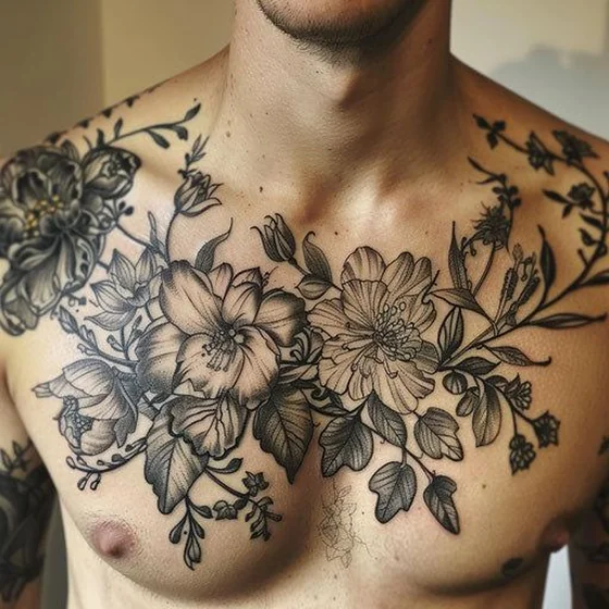 Blackwork floral tattoo design for men on chest and shoulder