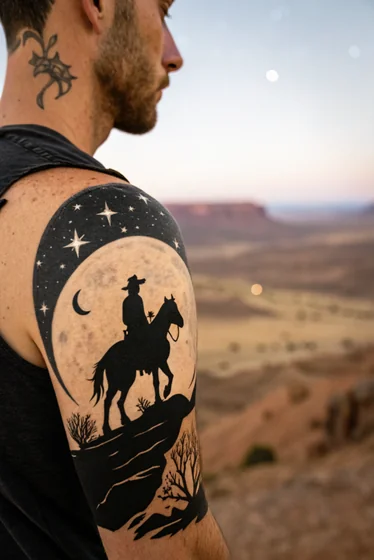 Blackwork minimalist cowboy, moon, stars tattoo for men on arm