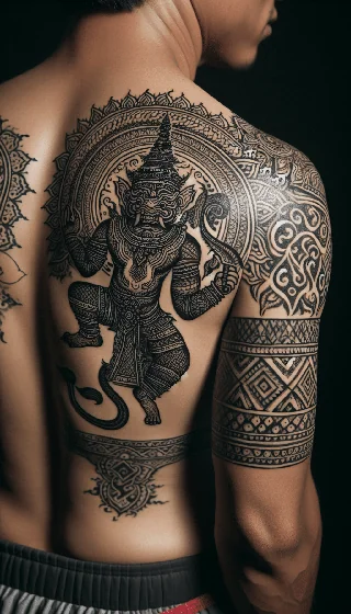 Blackwork mythological creature tattoo design for men on back and arm