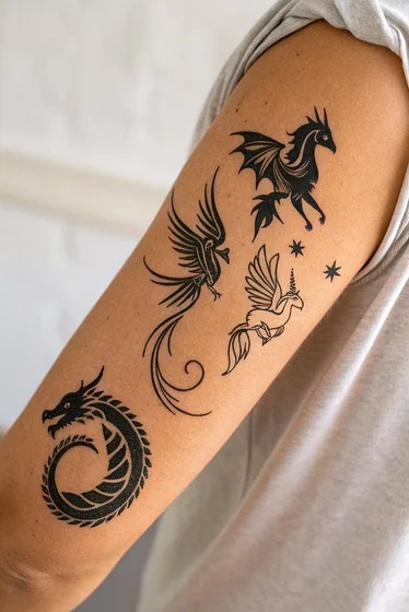 Blackwork patchwork dragon, phoenix, unicorn, star tattoo design for ladies on upper arm