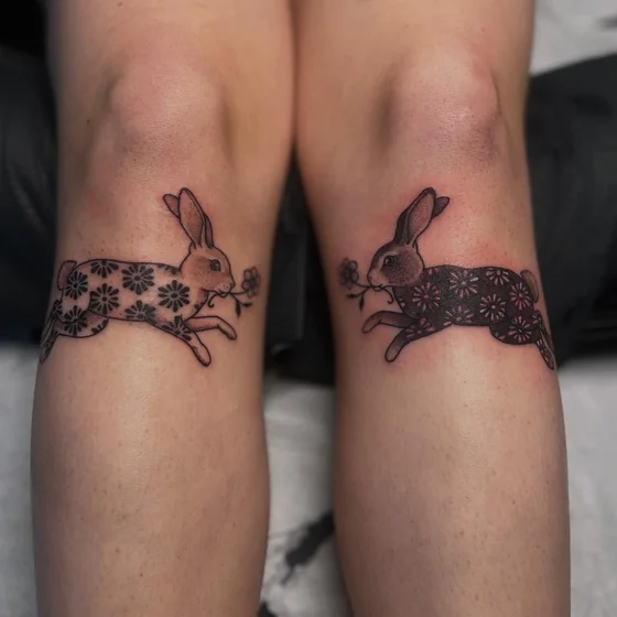 Blackwork rabbit and floral tattoo design for women on knee