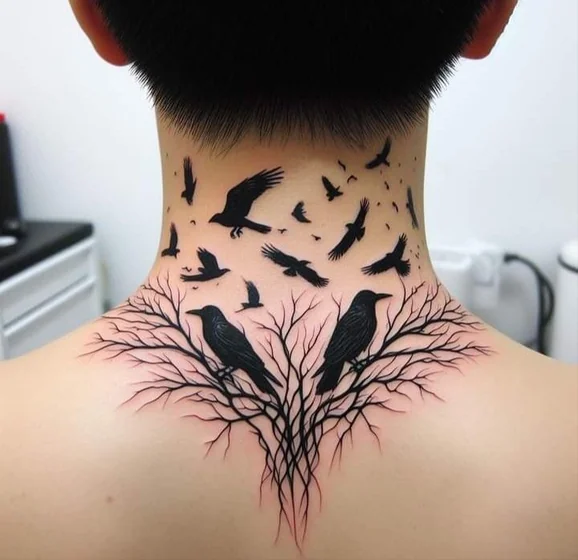 Blackwork raven and tree tattoo design for men on neck and back