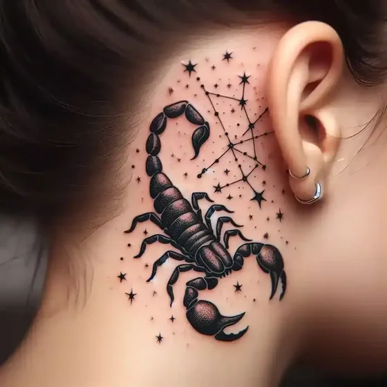 Blackwork scorpion and star tattoo design for women on neck