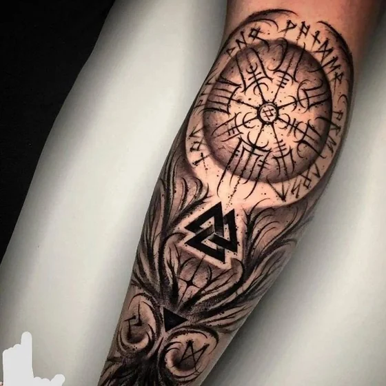 Blackwork sketch Viking compass tattoo design for men on forearm