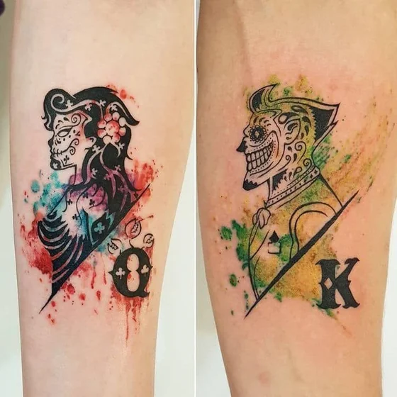 Blackwork watercolor Skull and Joker tattoo idea for men and women