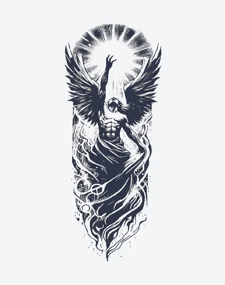 Blackwork woodcut angel wing tattoo design for men