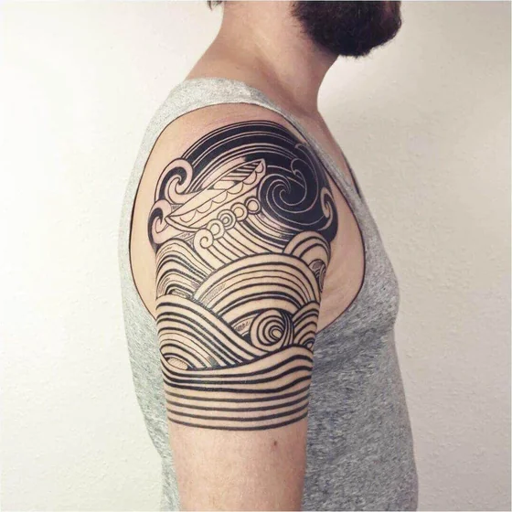 Blackwork woodcut ocean boat tattoo design for men on half sleeve