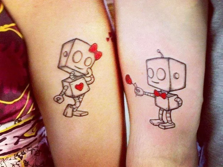 Cartoon Robot Heart Flower tattoo idea for men & women on Upper Arm