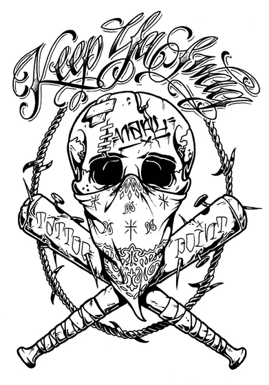 Chicano blackwork skull, quote, bats tattoo design for men