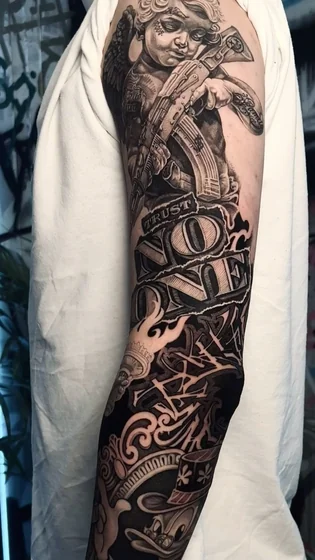 Chicano realism angel, gun, text full sleeve tattoo design for men