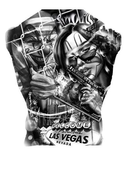 Chicano realism chola girl, clown, gun tattoo design for women on back