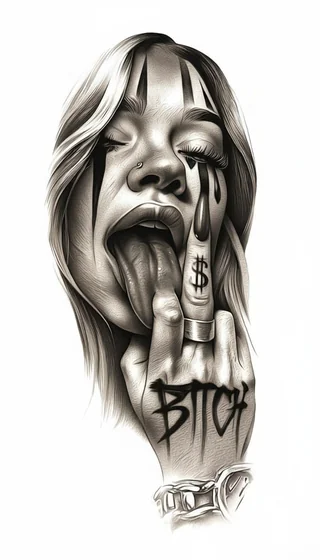 Chicano realism tattoo design for women with word and dollar sign on forearm