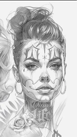 Chicano sketch tattoo design for women: face art, rose, cross on face, neck.