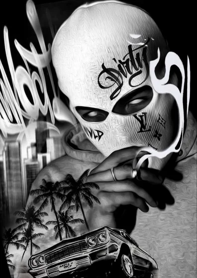 Chicano style skull, car, palm tree tattoo design for men on arm and face