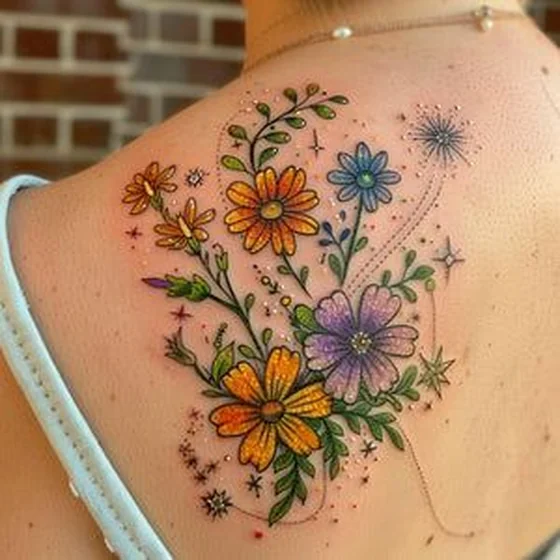Colorful Fine Line floral and star tattoo design for women on shoulder and back