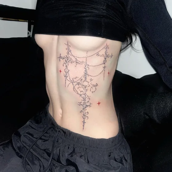 Cyber Sigilism Fine Line ornamental tattoo idea with stars for women on rib