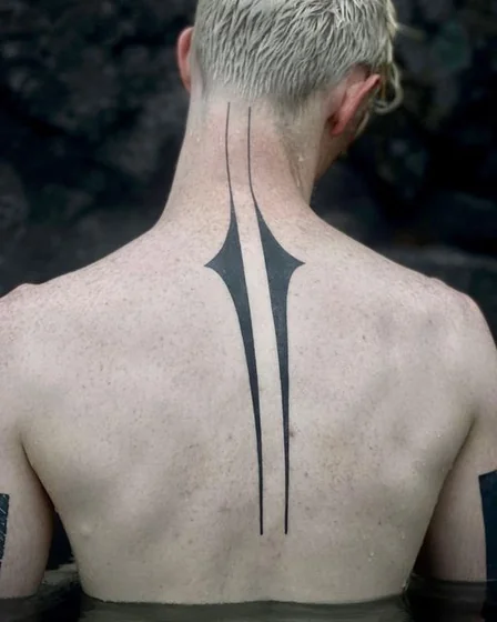 Cyber Sigilism blackwork tattoo design for men on neck and back