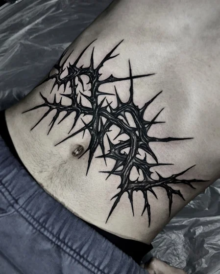 Cyber Sigilism blackwork vine and thorns tattoo design for men on rib