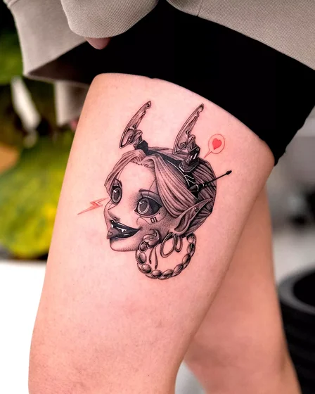 Cyberpunk Anime Black And Grey cybernetic girl tattoo design for women on thigh