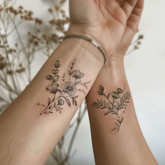 Delicate Fine Line floral tattoo idea for women on forearm and wrist