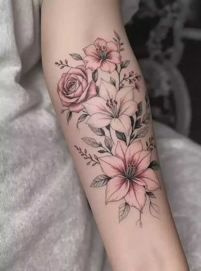 Delicate Floral Fine Line rose and flower tattoo idea for women on forearm
