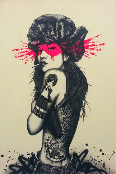 Dotwork Anime floral, doll, Japanese text tattoo design for women on back