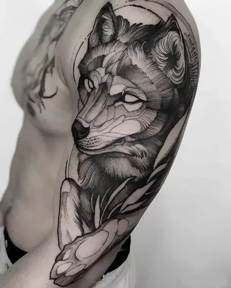 Dotwork Blackwork wolf tattoo design for men on upper arm