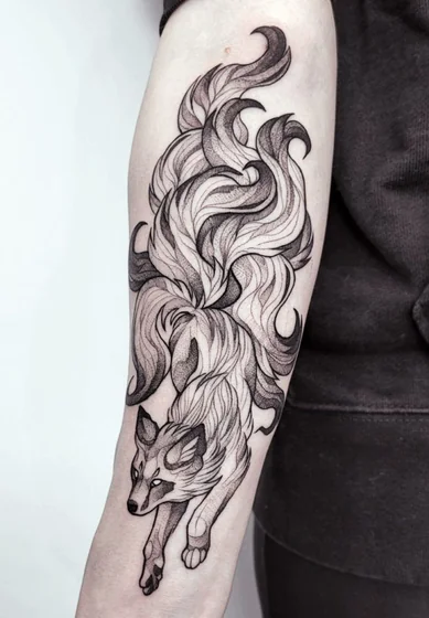 Dotwork Fine Line Nine-tailed Fox tattoo for women on forearm