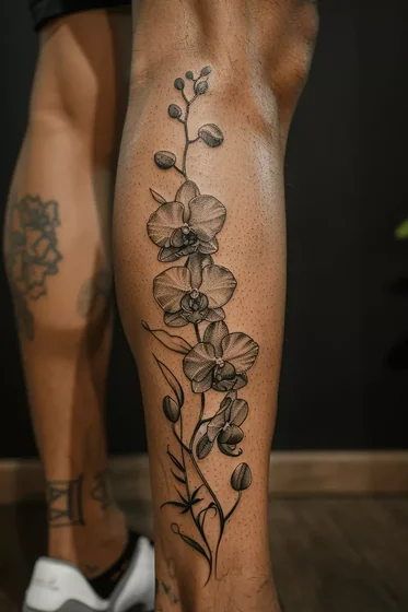 Dotwork Fine Line orchid flower tattoo design for men on calf