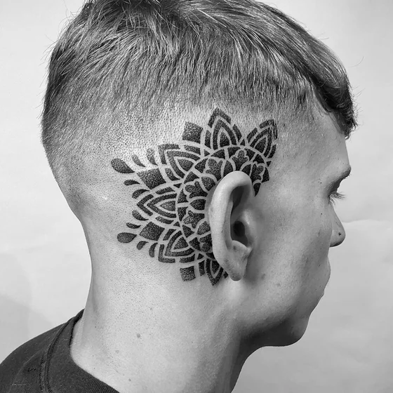 Dotwork Geometric Mandala tattoo design for men behind the ear