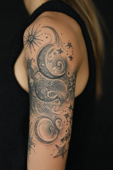 Dotwork celestial moon, star, sun tattoo for women on arm
