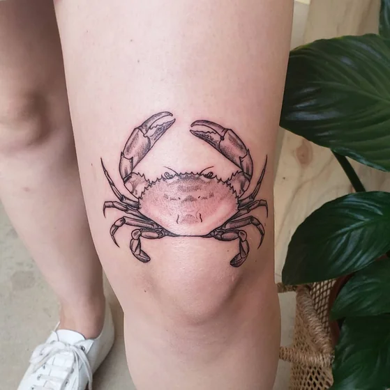 Fine Line Black And Grey Crab tattoo for women on knee and thigh