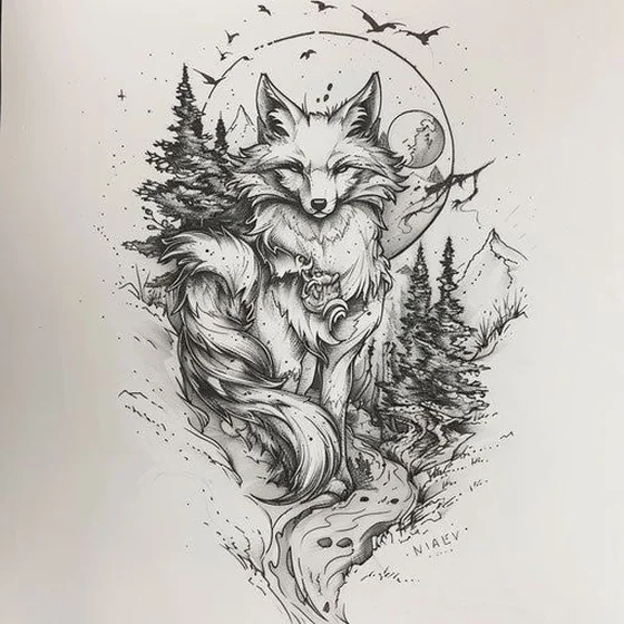 Fine Line Black And Grey Fox, Moon, Mountain, Tree tattoo design