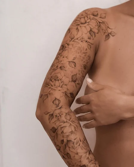 Fine Line Black And Grey Rose Floral tattoo design for women on shoulder and upper arm