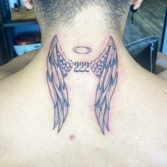 Fine Line Black And Grey angel wings with 222 tattoo design for men on neck