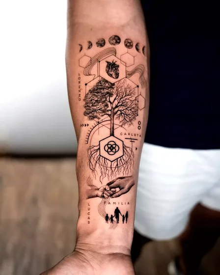 Fine Line Black And Grey family tree, moon, heart tattoo for men on forearm