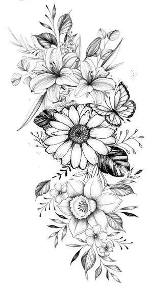 Fine Line Black And Grey floral butterfly tattoo design for women